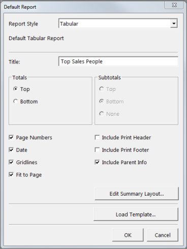 Default report dialog box.